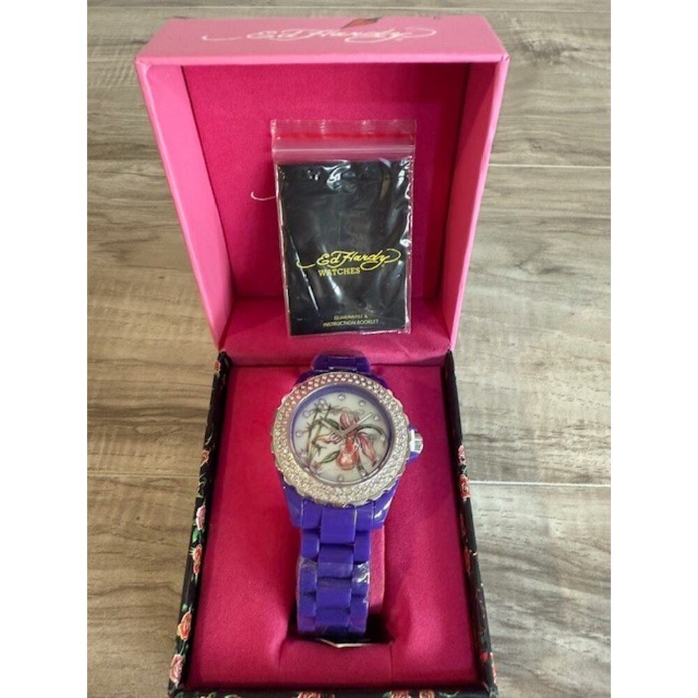 NEW Ed Hardy Women’s Swarovski Elements Crystals Floral Purple Band Watch - Picture 2 of 7